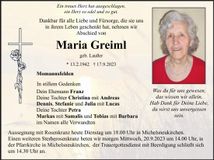 Traueranzeige Maria Greiml