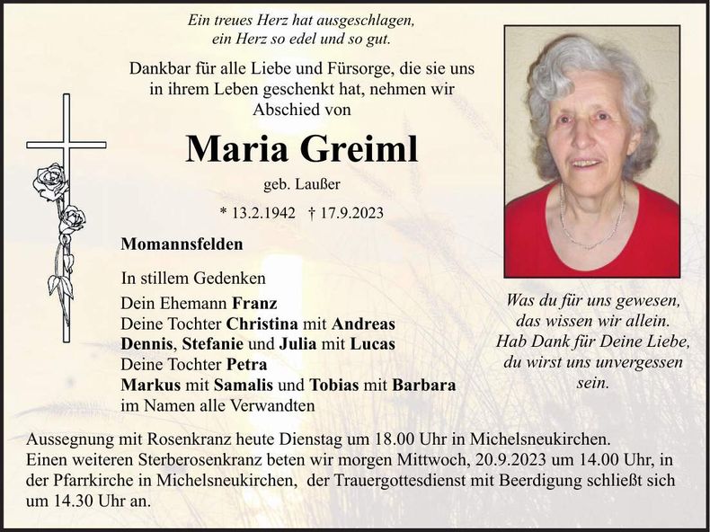 Traueranzeige Maria Greiml