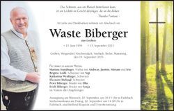 Traueranzeige Waste Biberger