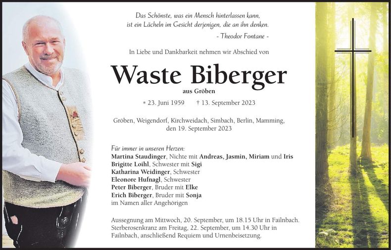 Traueranzeige Waste Biberger