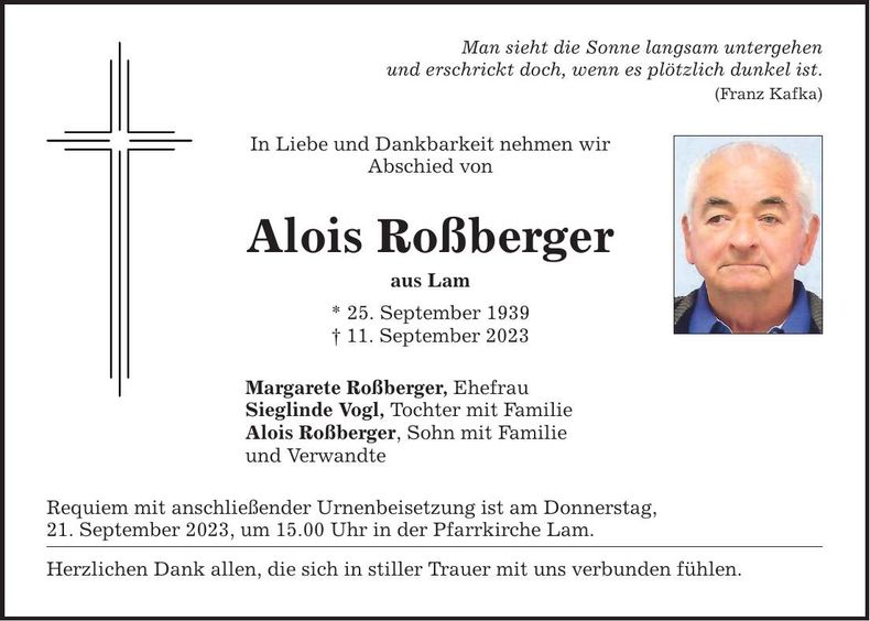 Traueranzeige Alois Roßberger