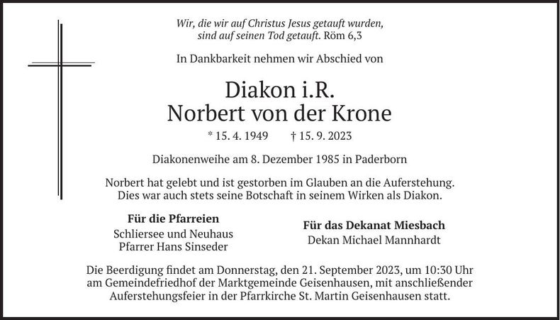 Traueranzeige Norbert von der Krone