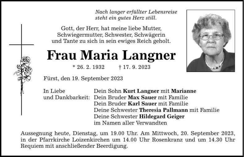 Traueranzeige Maria Langner