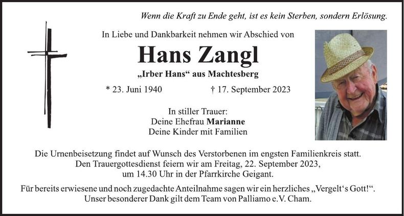 Traueranzeige Hans Zangl