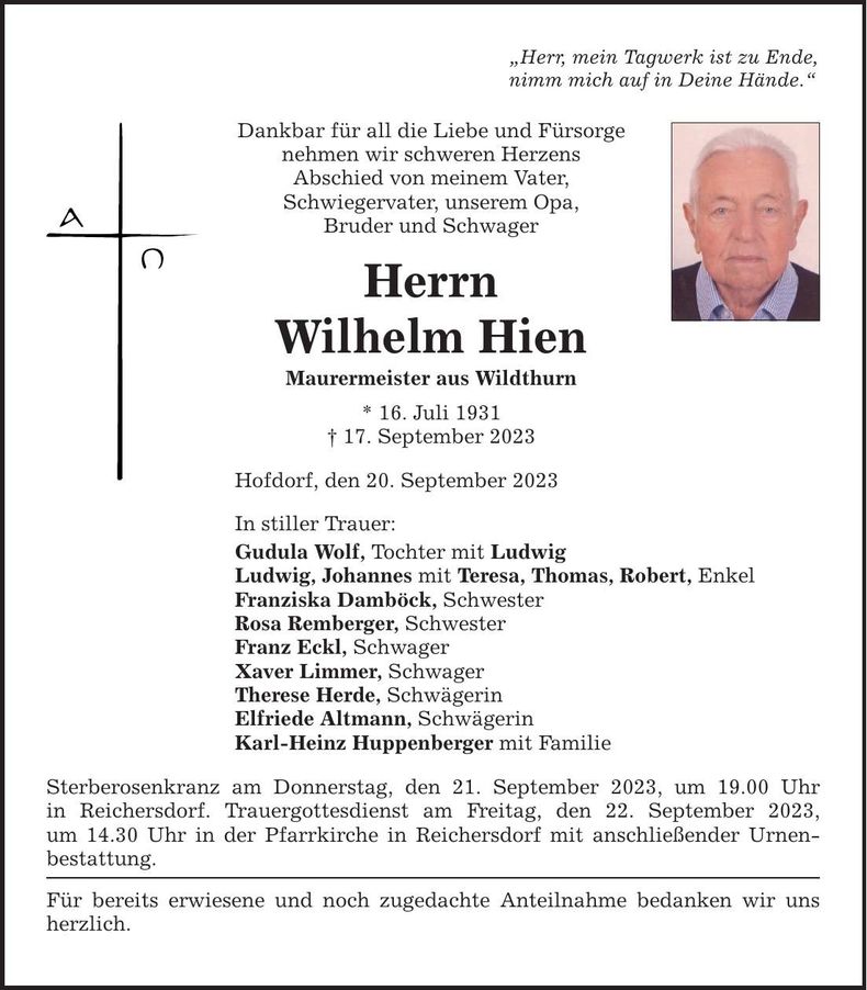 Traueranzeige Wilhelm Hien