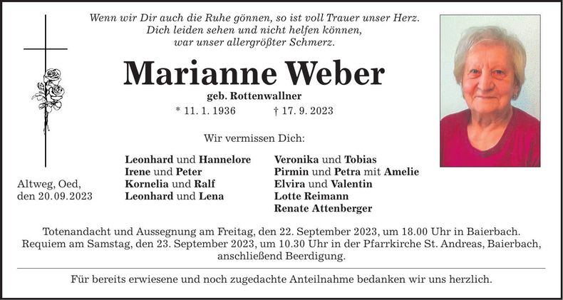 Traueranzeige Marianne Weber
