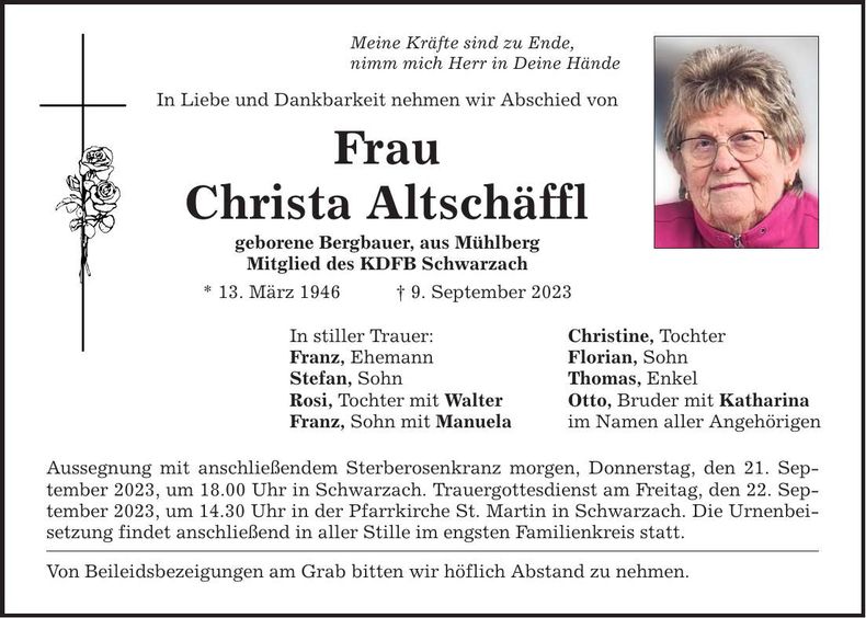 Traueranzeige Christa Altschäffl