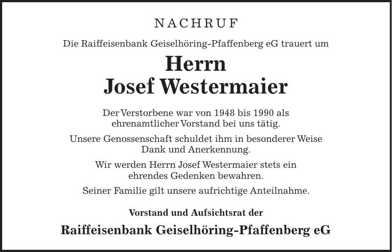 Traueranzeige Josef Westermeier