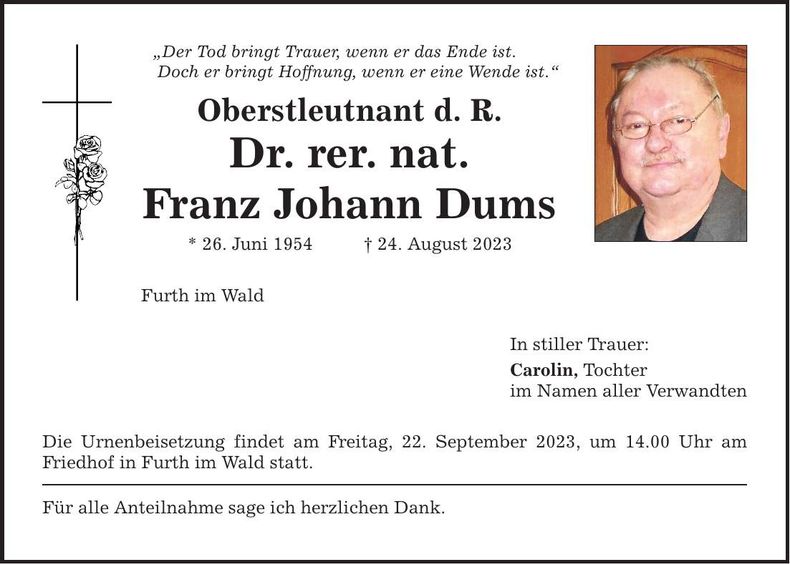 Traueranzeige Franz Johann Dums