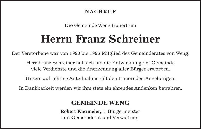 Traueranzeige Franz Schreiner