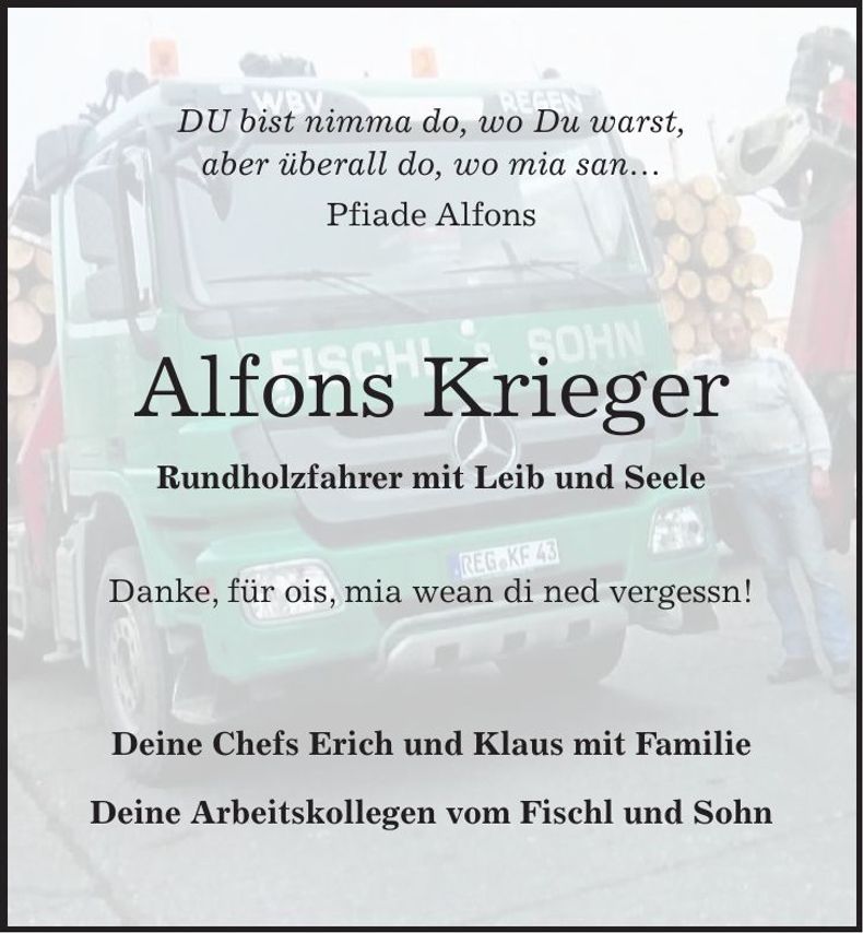 Traueranzeige Alfons Krieger