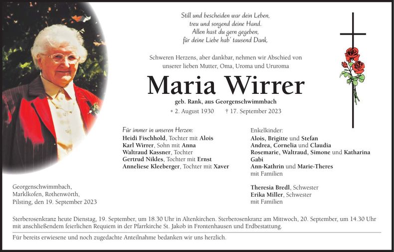 Traueranzeige Maria Wirrer