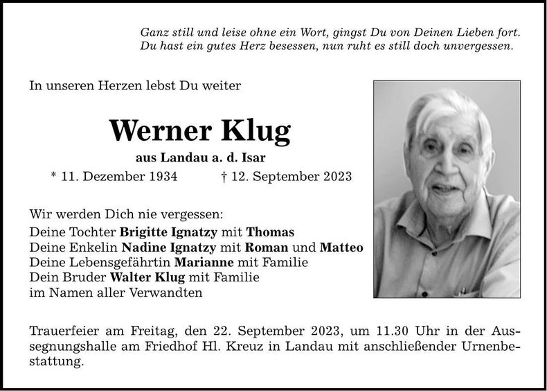 Traueranzeige Werner Klug