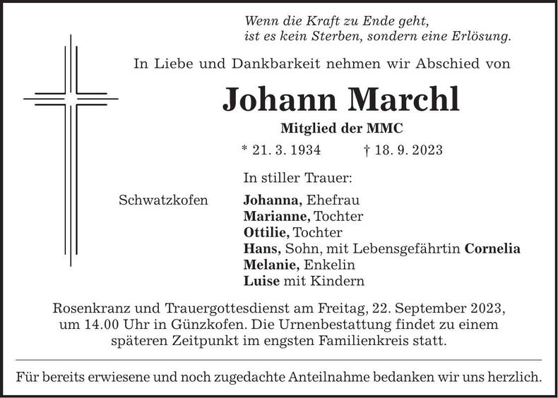 Traueranzeige Johann Marchl