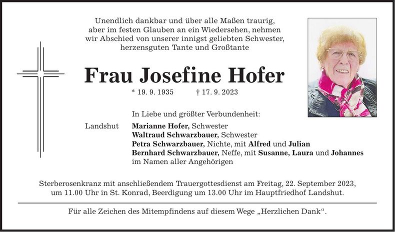 Traueranzeige Josefine Hofer