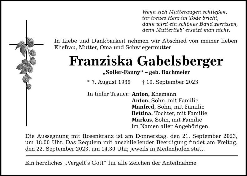 Traueranzeige Franziska Gabelsberger