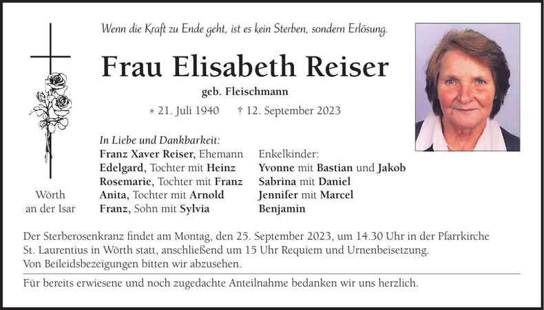 Traueranzeige Elisabeth Reiser