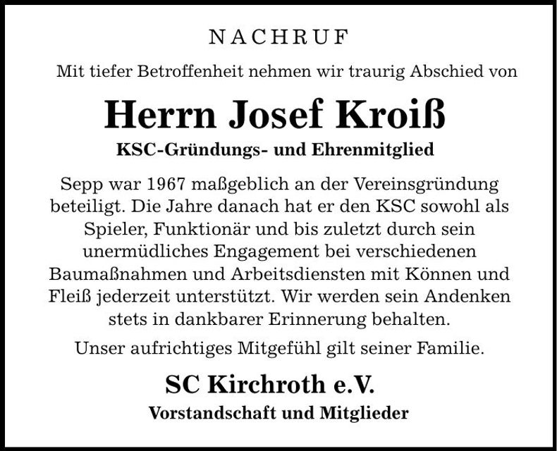 Traueranzeige Josef Kroiss