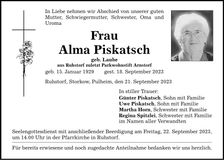 Traueranzeige Alma Piskatsch