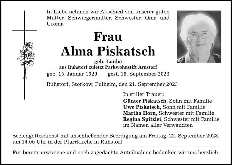 Traueranzeige Alma Piskatsch