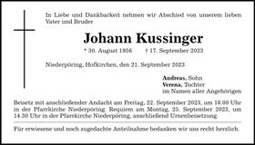 Traueranzeige Johann Kussinger
