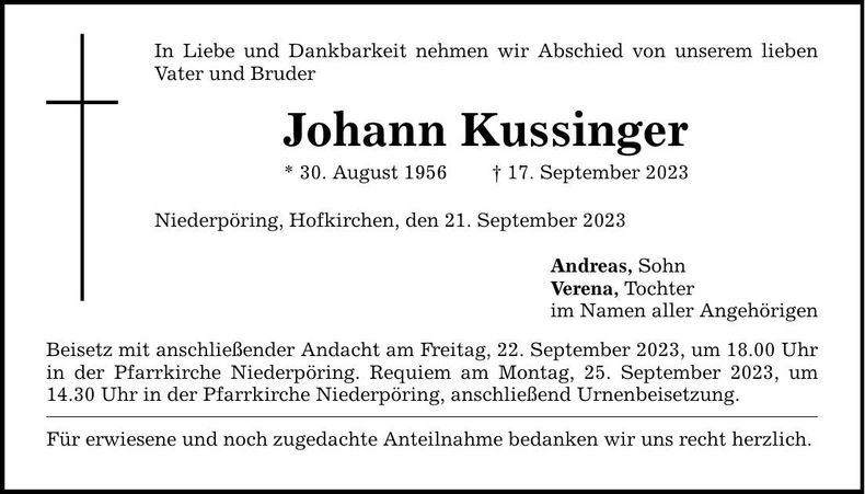 Traueranzeige Johann Kussinger