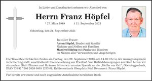 Traueranzeige Franz Höpfel