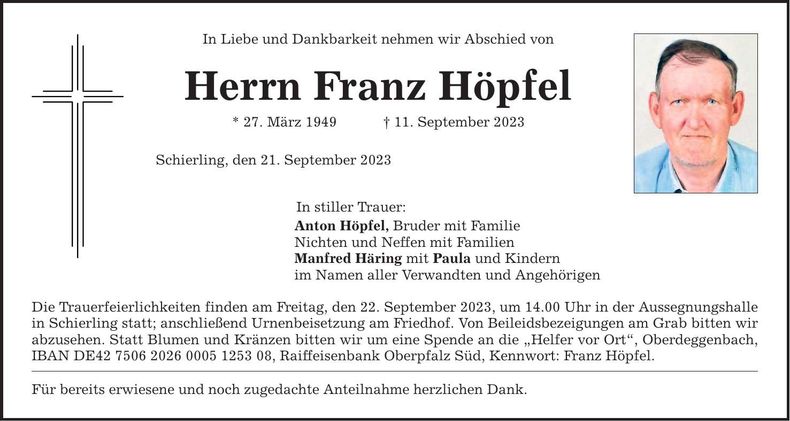 Traueranzeige Franz Höpfel