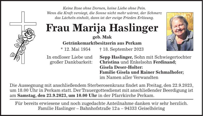 Traueranzeige Marija Haslinger