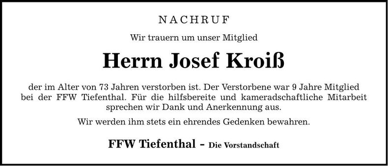 Traueranzeige Josef Kroiß