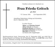 Traueranzeige Frieda Gritsch