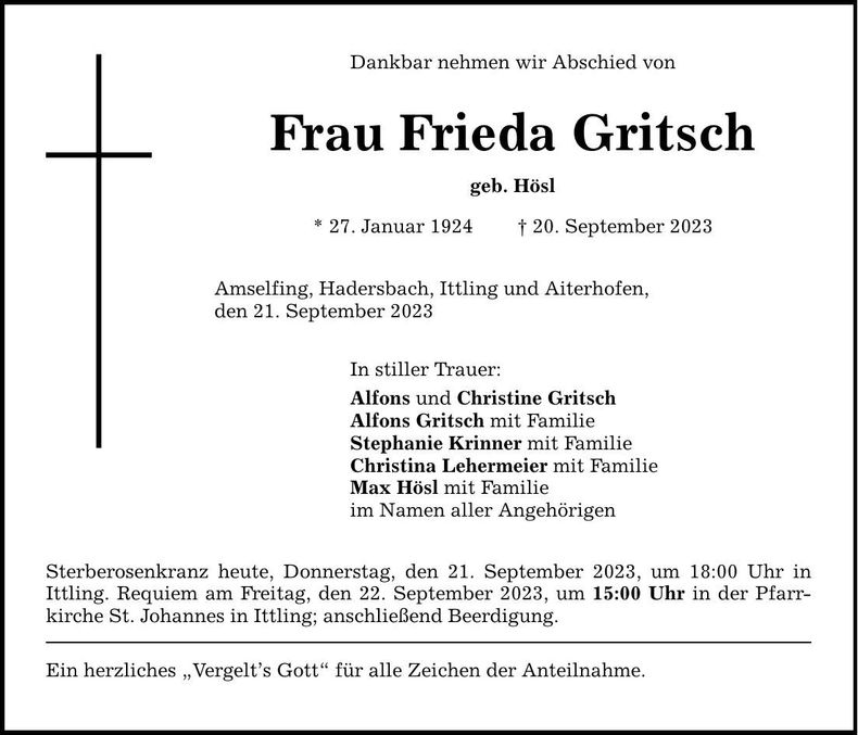 Traueranzeige Frieda Gritsch