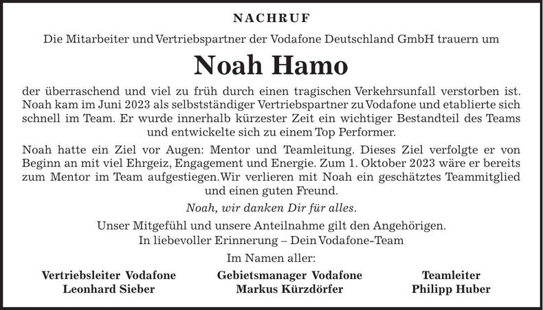 Traueranzeige Noah Hamo