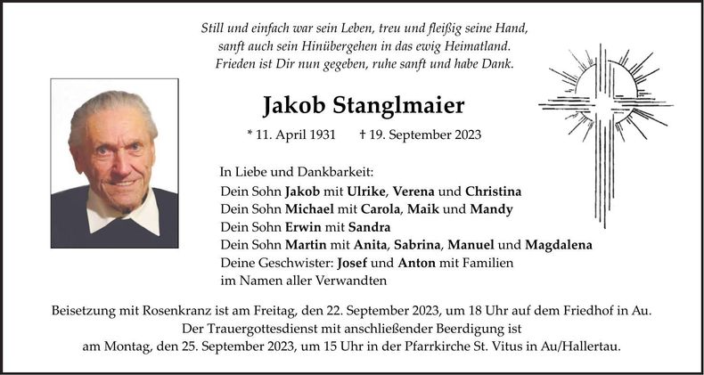 Traueranzeige Jakob Stanglmaier