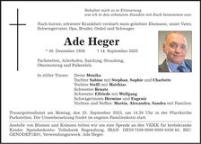 Traueranzeige Ade Heger