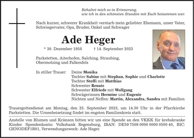 Traueranzeige Ade Heger