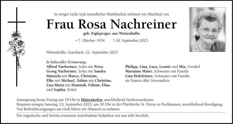 Traueranzeige Rosa Nachreiner