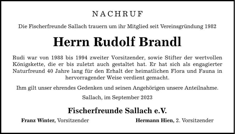 Traueranzeige Rudolf Brandl