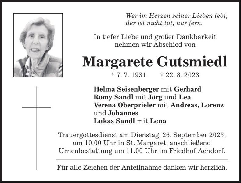 Traueranzeige Margarete Gutsmiedl