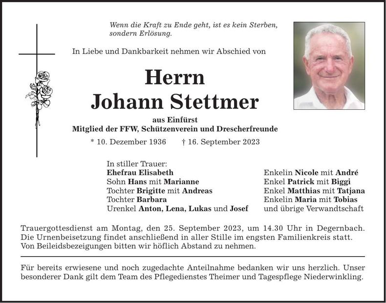 Traueranzeige Johann Stettmer