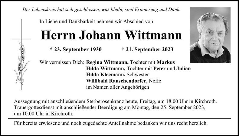 Traueranzeige Johann Wittmann
