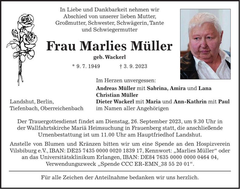 Traueranzeige Marlies Müller