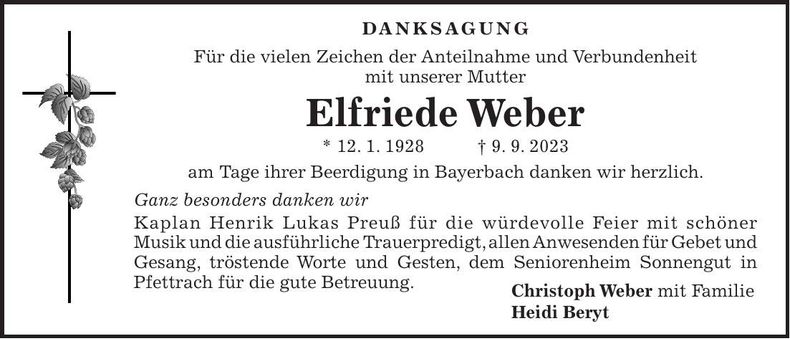 Traueranzeige Elfriede Weber