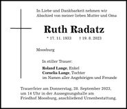 Traueranzeige Ruth Radatz