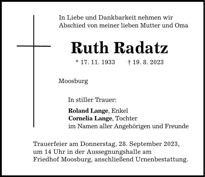 Traueranzeige Ruth Radatz