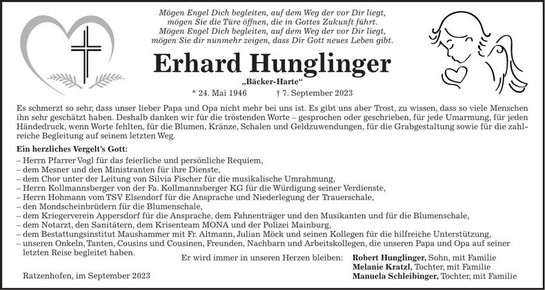 Traueranzeige Erhard Hunglinger