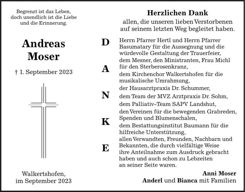 Traueranzeige Andreas Moser
