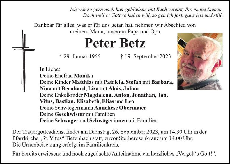 Traueranzeige Peter Betz