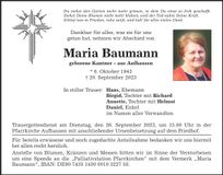 Traueranzeige Maria Baumann