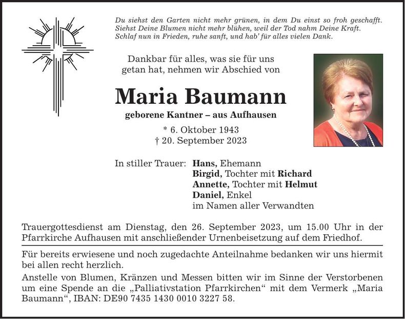 Traueranzeige Maria Baumann